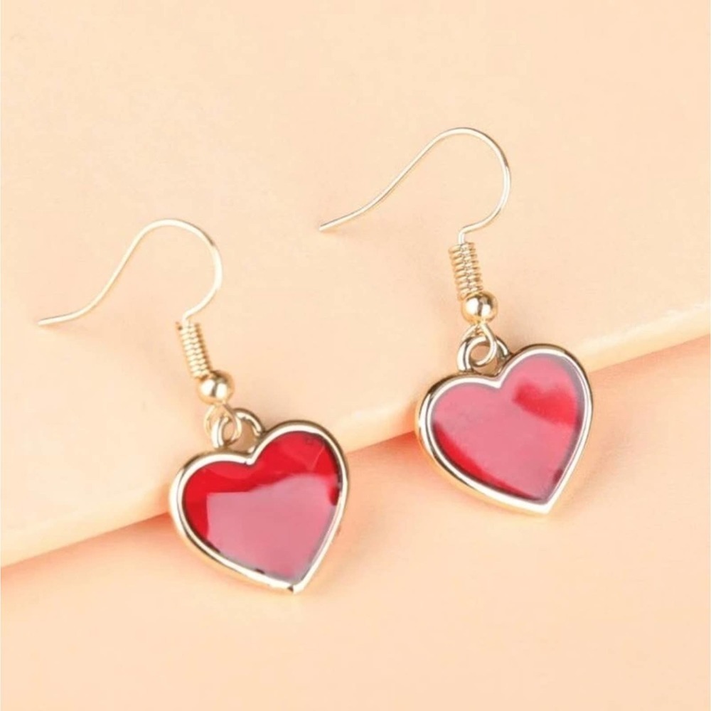 RED HEART DANGLE EARRINGS GOLD TONE DEEP RED DAINTY EARRINGS